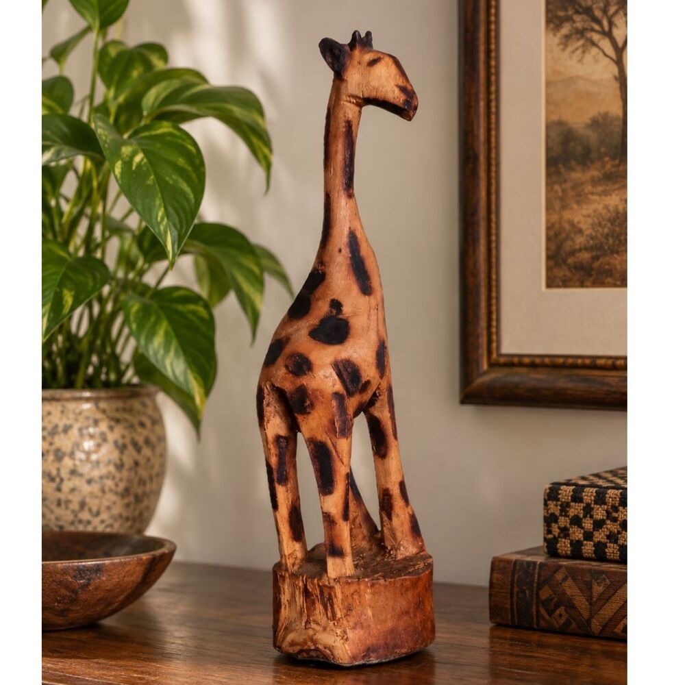 Vintage Hand Carved Wood Giraffe Figurine 13" Safari Folk Art Sculpture